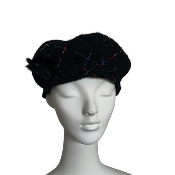 Misa Harada Millinery Tweed Beret Hat, colors, retro, two floral pins on side - Picture 1 of 11